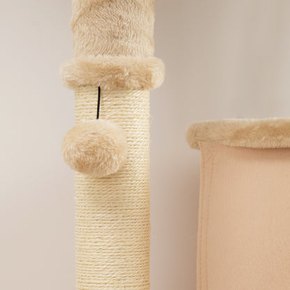 Cat Tree Tower Scratching Post Bed House, 132cm, Beige