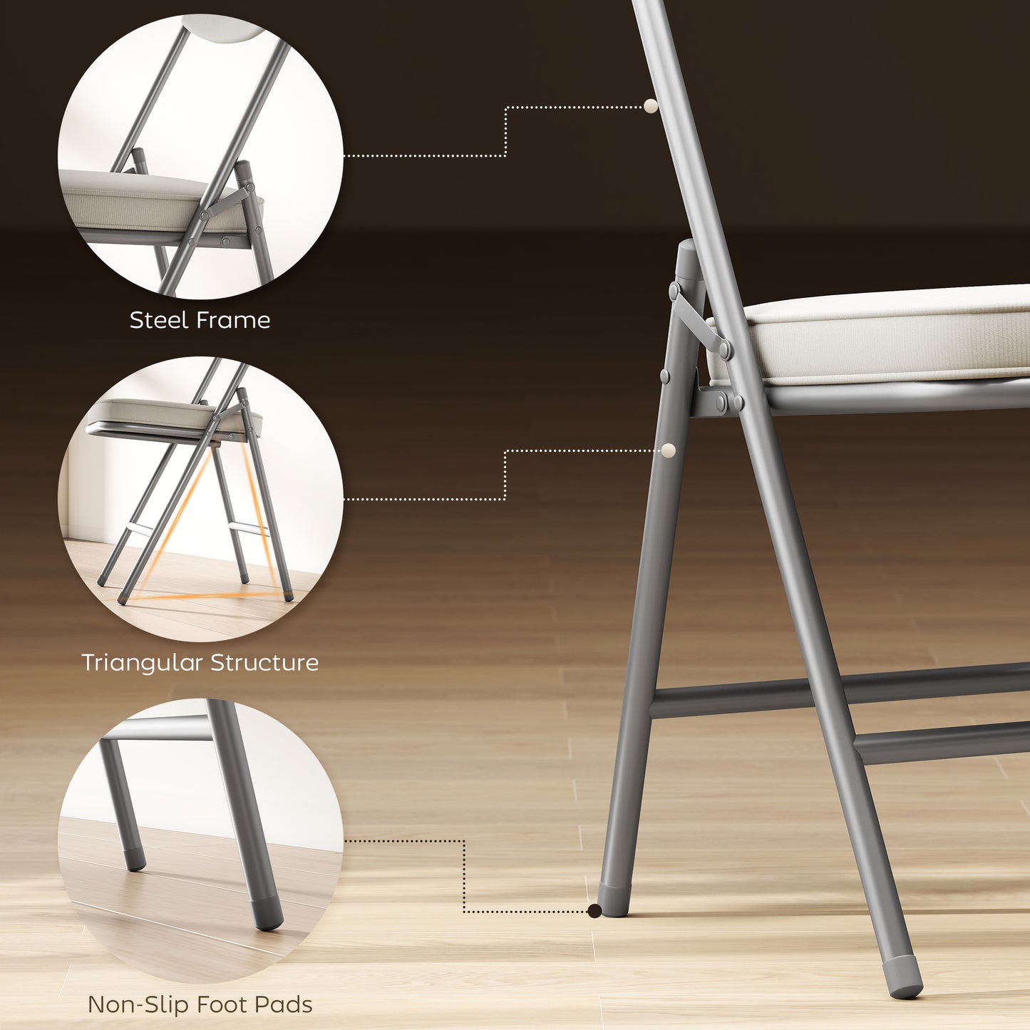 Folding Chairs Set of 4 with Cushioned Seat, Steel Frame, Off-White