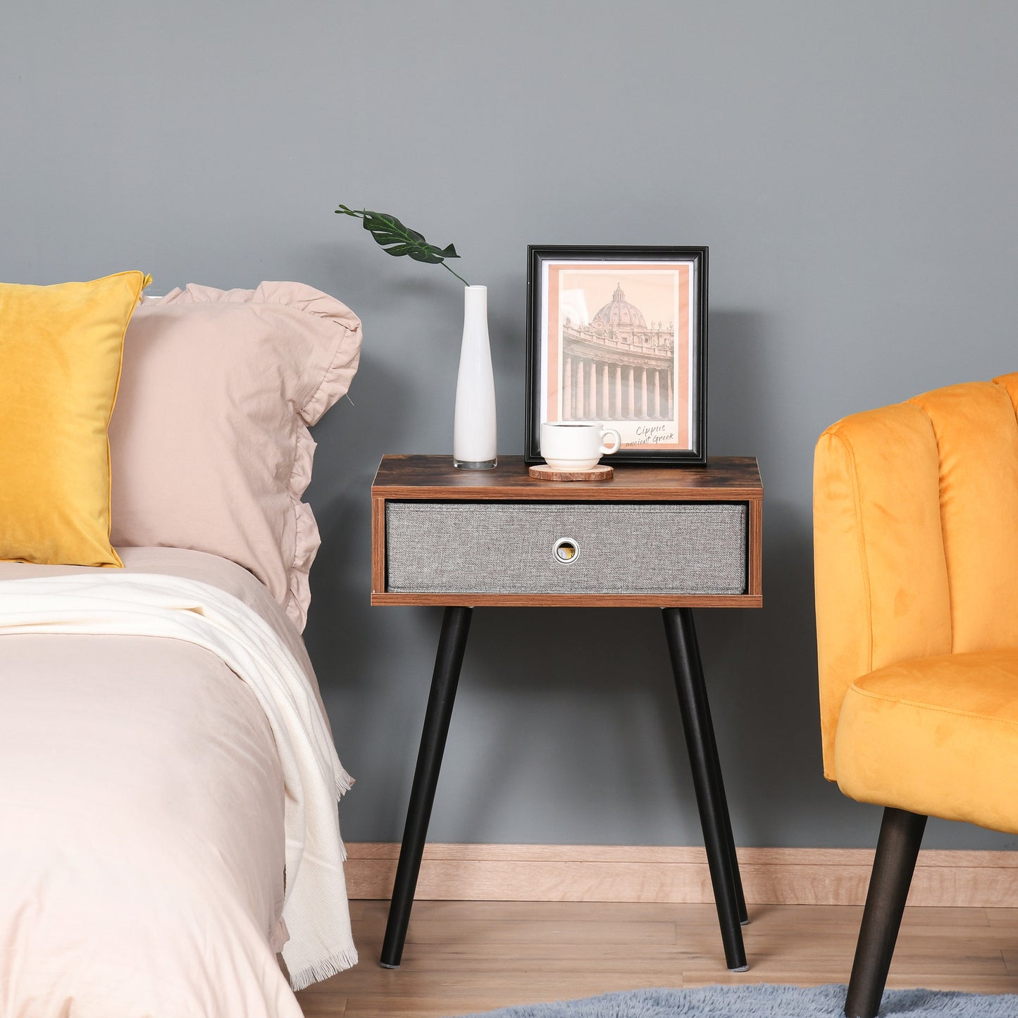 Side Table, Nightstand, End Table with Removable Fabric Drawer, Retro Style Accent Furniture with Wooden Legs, Rustic Brown and Black