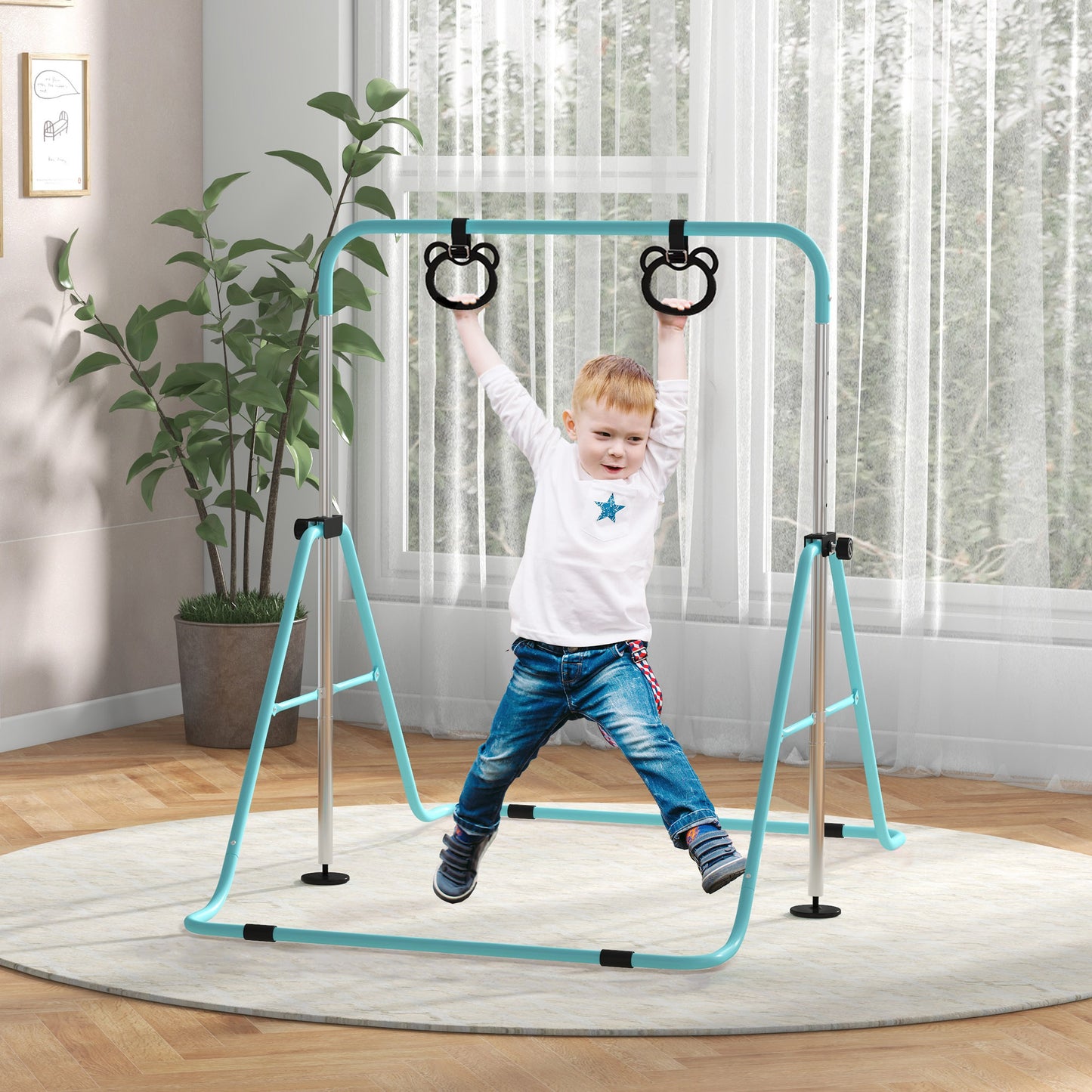 Adjustable Height Foldable Kids Gymnastics Bar with Non-Slip Mats, Green