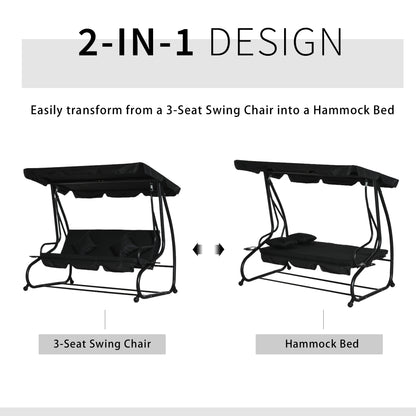 2-in-1 Garden Swing Chair for 3 Person w/ Adjustable Canopy Black