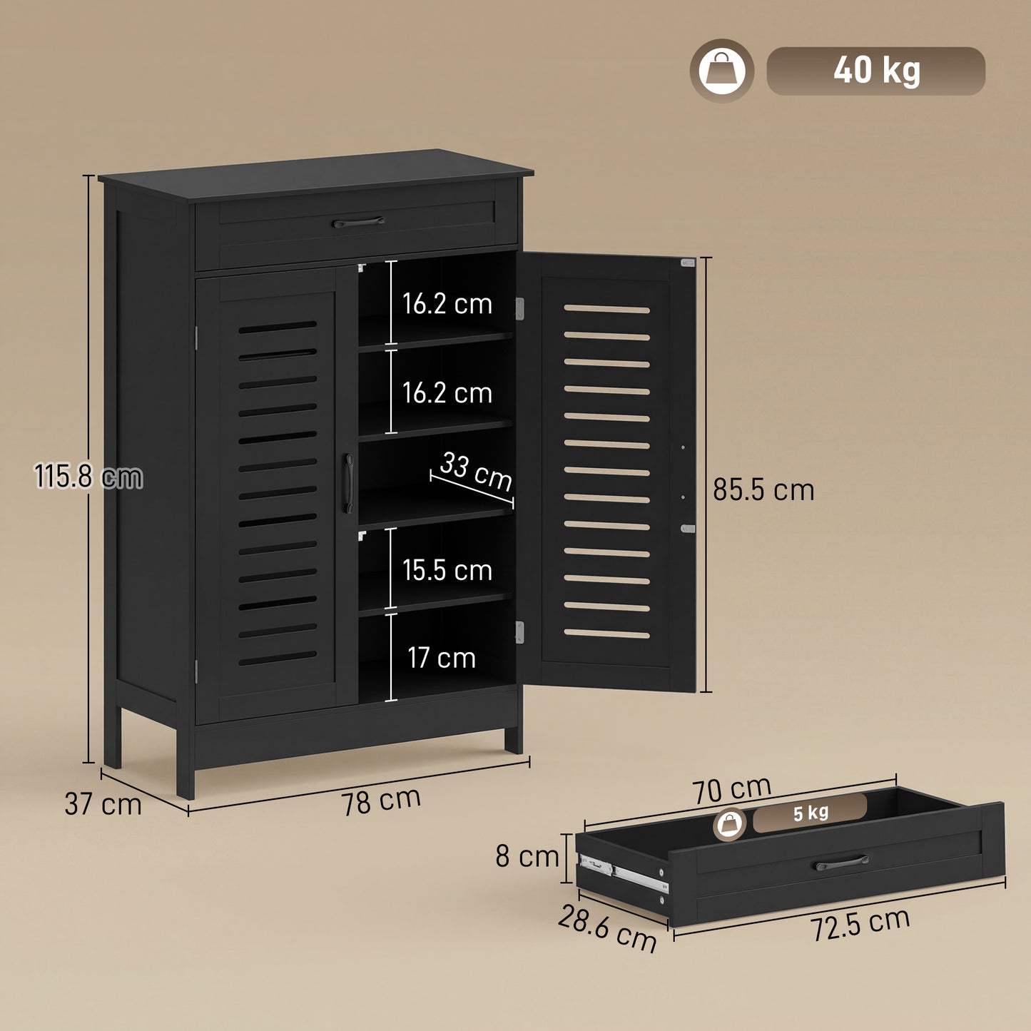 Modern Shoe Storage Cabinet with Louvered Doors and Drawer, Black