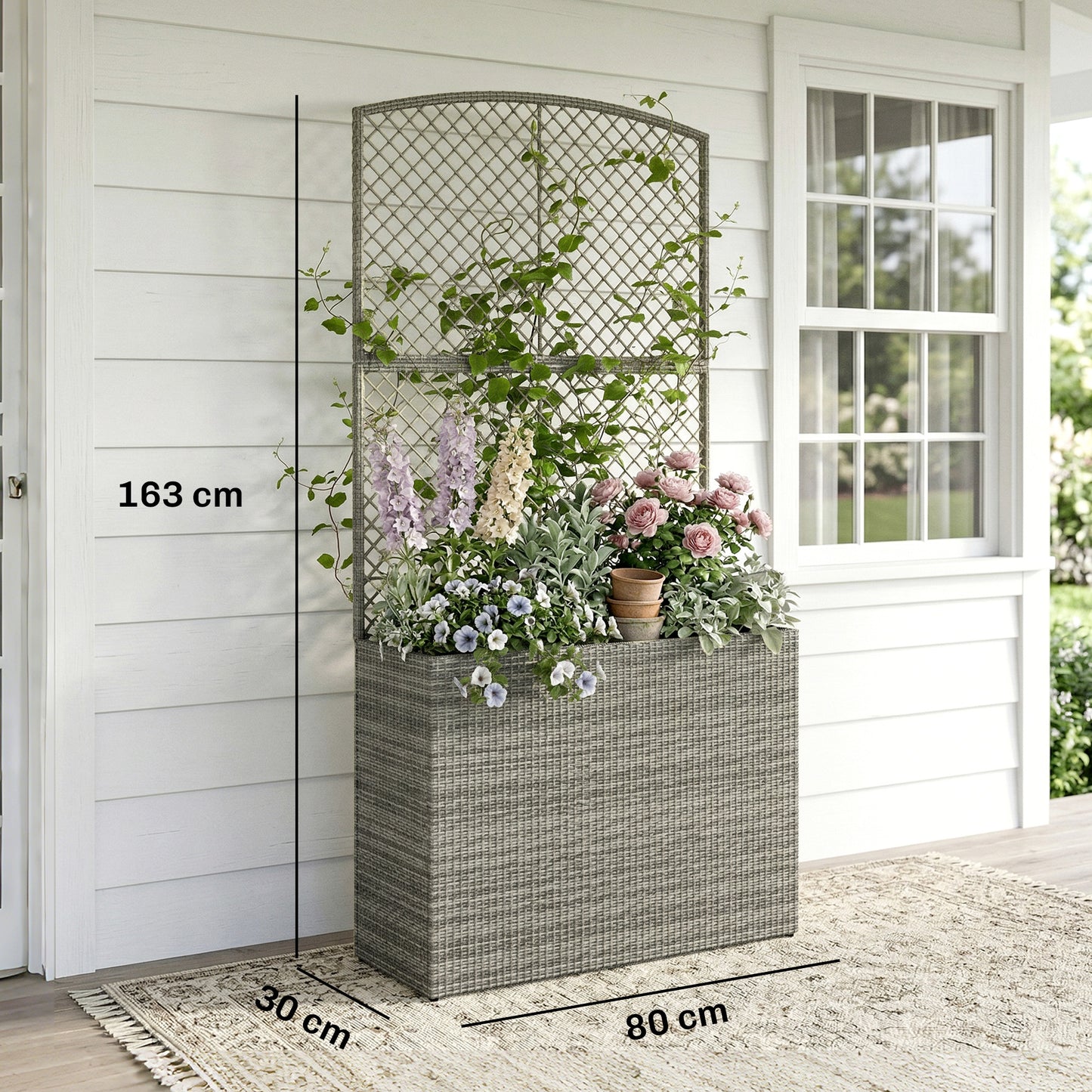 Garden Planter with Trellis, Rattan Raised Beds for Garden with Liner, Freestanding Outdoor Planter Box for Climbing Plants, Herbs, Vegetables, Flowers, 80 x 30 x 163 cm, Dark Grey