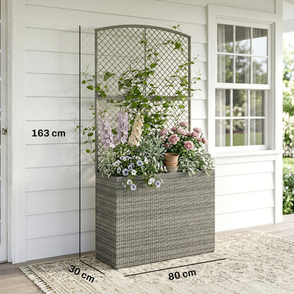 Garden Planter with Trellis, Rattan Raised Beds for Garden with Liner, Freestanding Outdoor Planter Box for Climbing Plants, Herbs, Vegetables, Flowers, 80 x 30 x 163 cm, Dark Grey