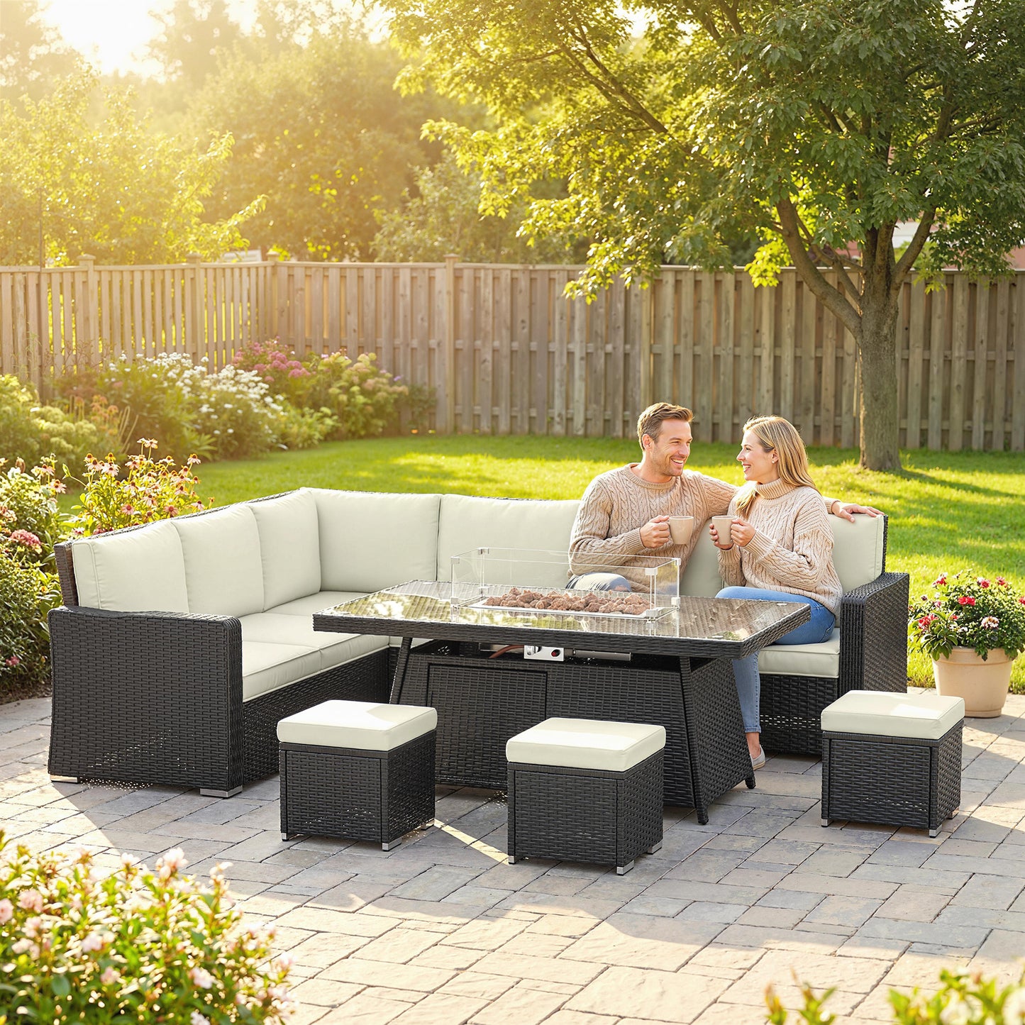 7 Pieces Rattan Garden Furniture Set w/ 50,000 BTU Fire Pit Table Black