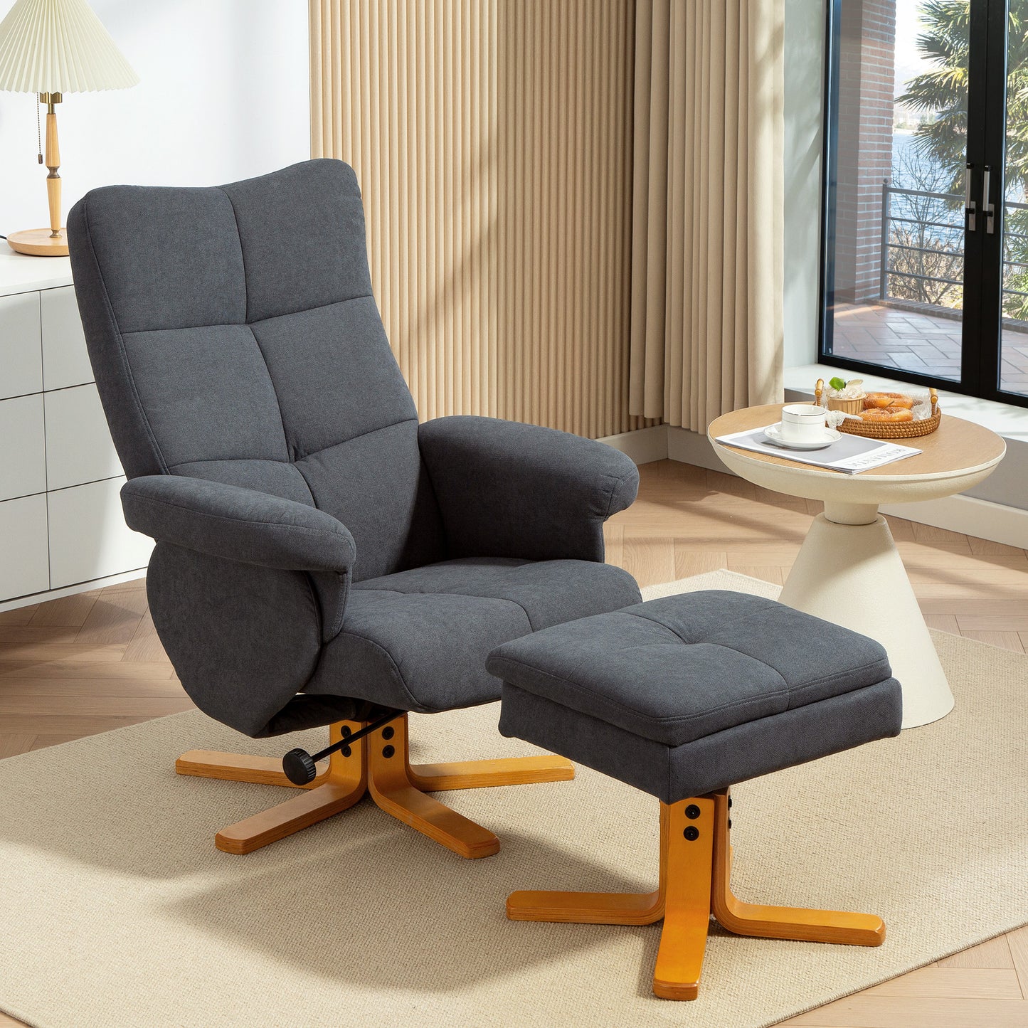 Linen Recliner Chair and Footstool Wooden Base Grey