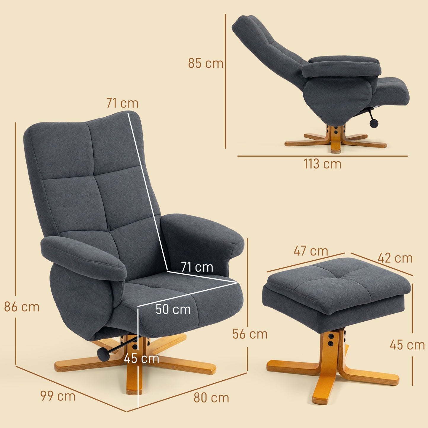 Linen Recliner Chair and Footstool Wooden Base Grey