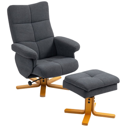 Linen Recliner Chair and Footstool Wooden Base Grey