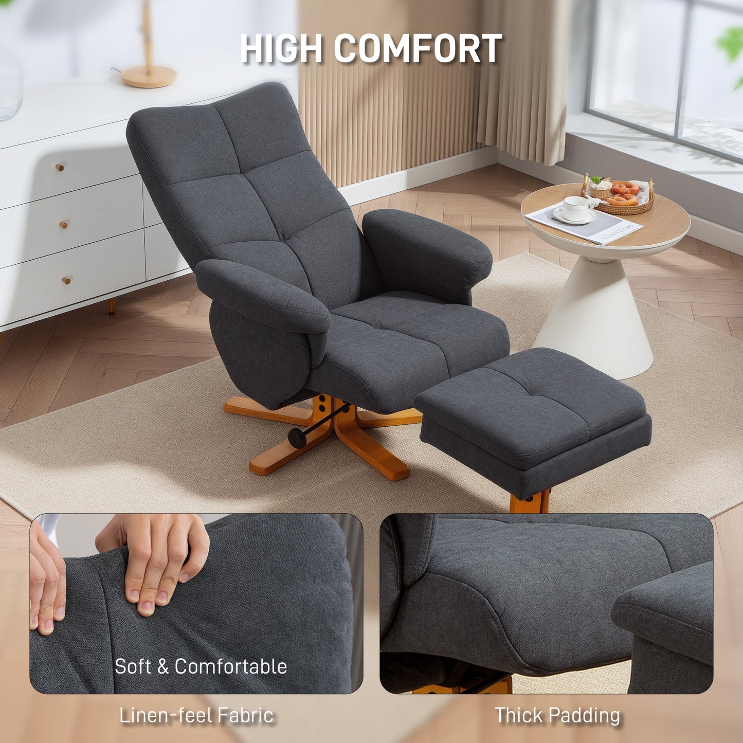 Linen Recliner Chair and Footstool Wooden Base Grey