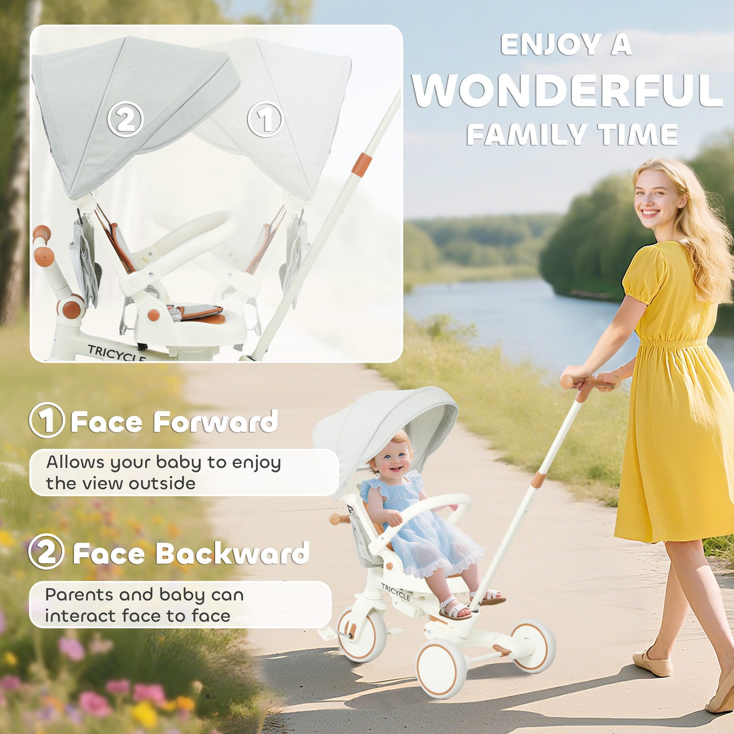 5 in 1 Foldable Kids Trike, Toddler Tricycle for 1-3 Years, Cream White