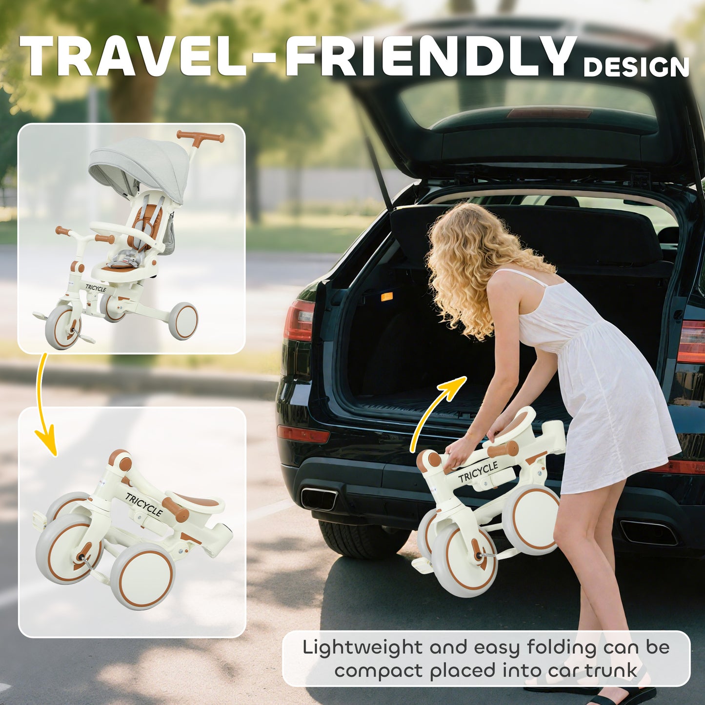 5 in 1 Foldable Kids Trike, Toddler Tricycle for 1-3 Years, Cream White