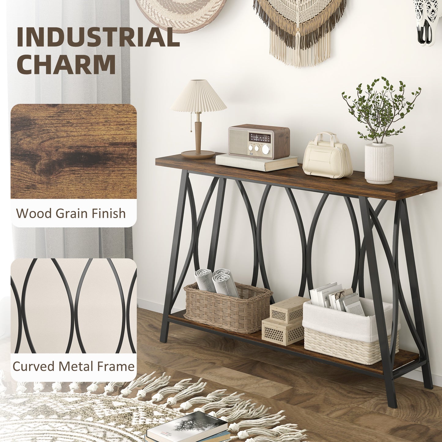 Console Table, Industrial Narrow Sofa Table with 2 Tiers, Metal Frame