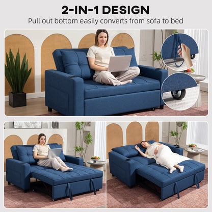 2 Seater Pull Out Sofa Bed with Pockets for Living Room Dark Blue