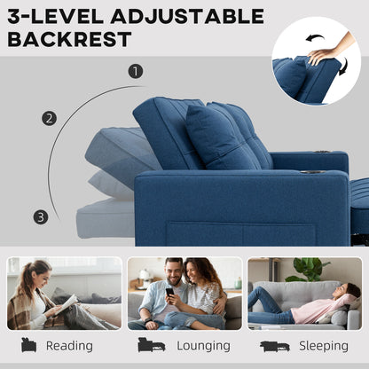 2 Seater Pull Out Sofa Bed with Pockets for Living Room Dark Blue