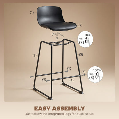 Modern Bar Stools Set of 2, PU Leather Upholstered Barstools, Black