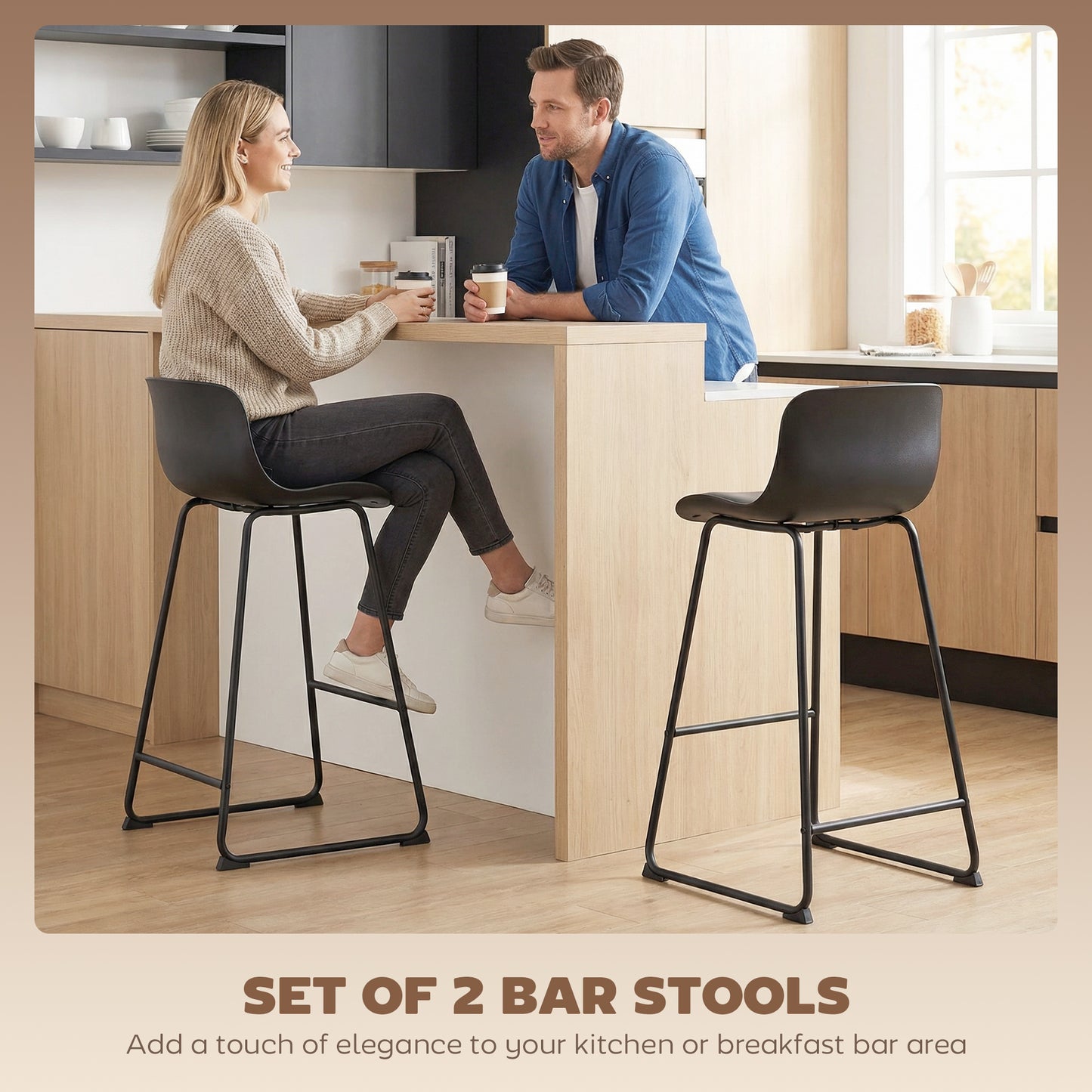 Modern Bar Stools Set of 2, PU Leather Upholstered Barstools, Black