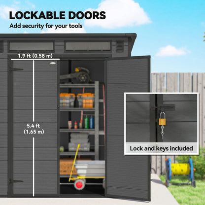 6 x 6 ft Plastic Garden Shed with Floor, Lockable Doors, Dark Grey