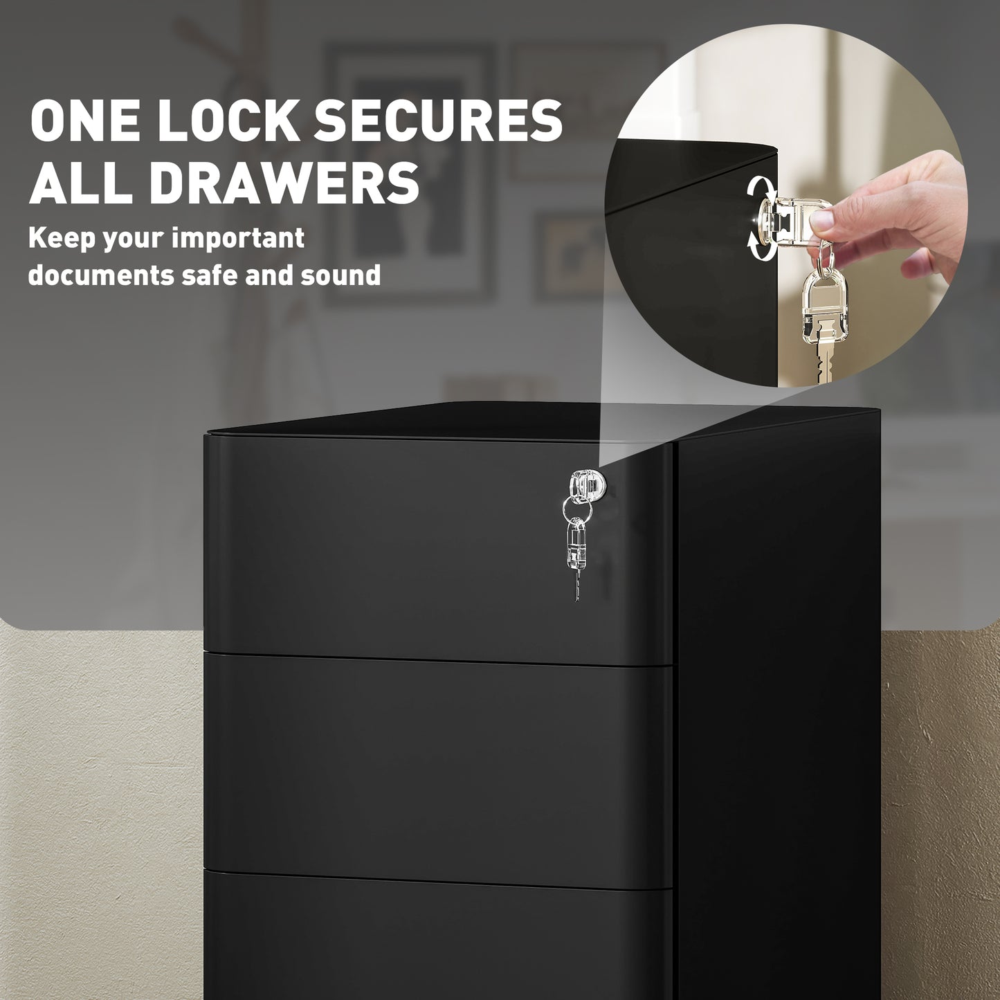 Steel Filing Cabinet with Lock and Wheels for Home Office, Black