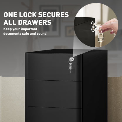 Steel Filing Cabinet with Lock and Wheels for Home Office, Black