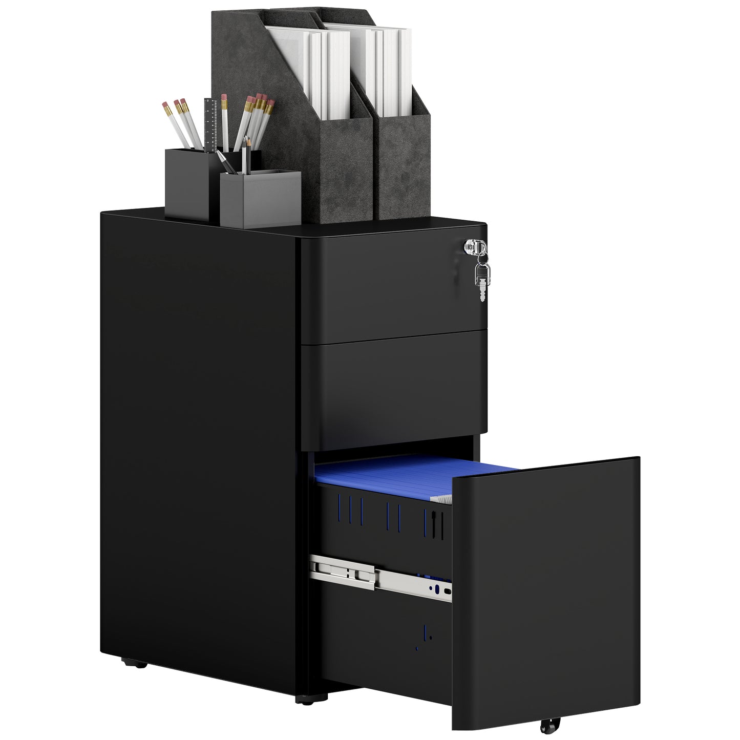 Steel Filing Cabinet with Lock and Wheels for Home Office, Black