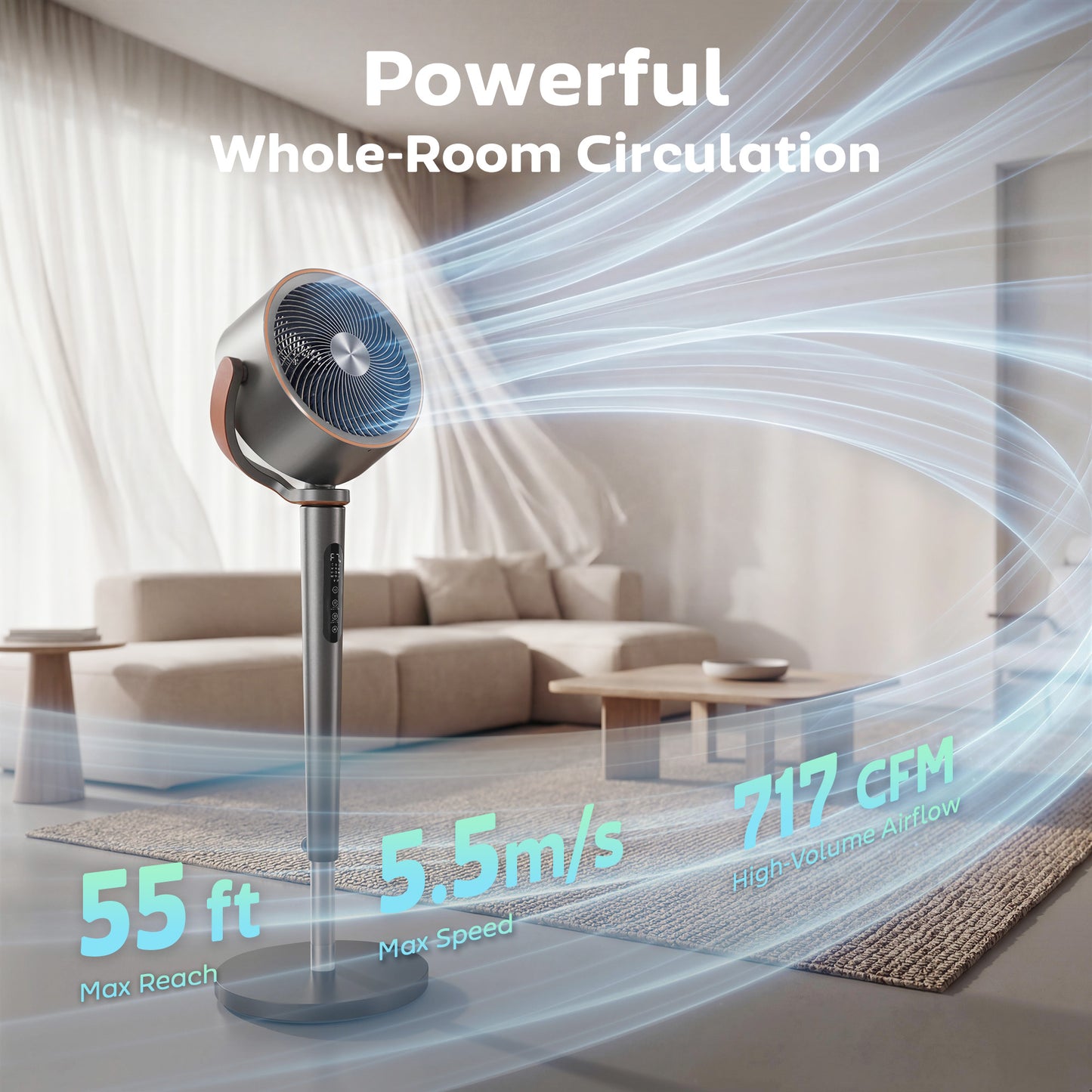 20dB Silent Standing Fan, 70°+90° Auto Oscillating Fan with 12 Speeds, LED Light, Air Circulator, Remote Control, 12H Timer, for Bedroom, 46 Inch, Grey