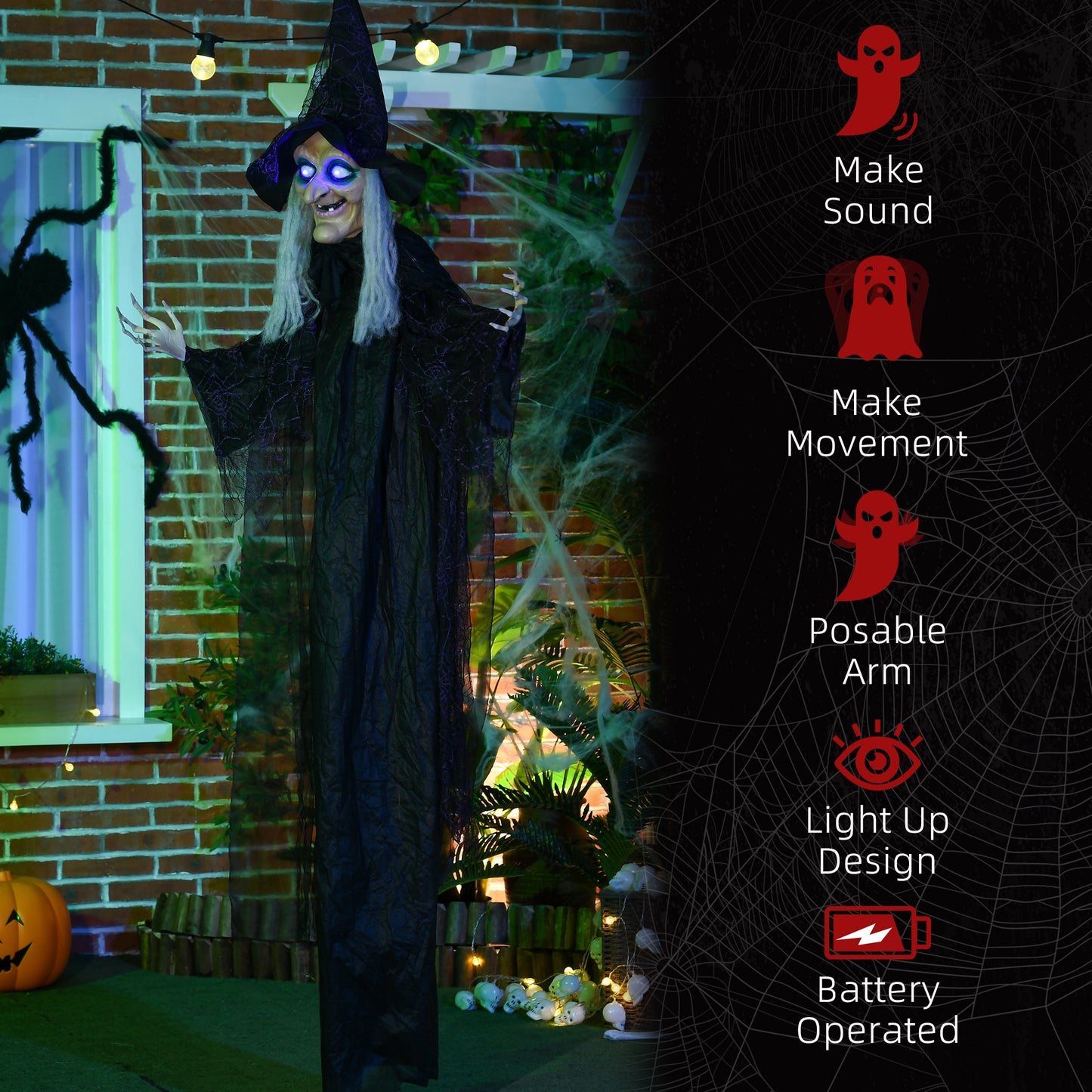 Standing Witch Prop Life Size with Light Up Eyes, Talking Sound