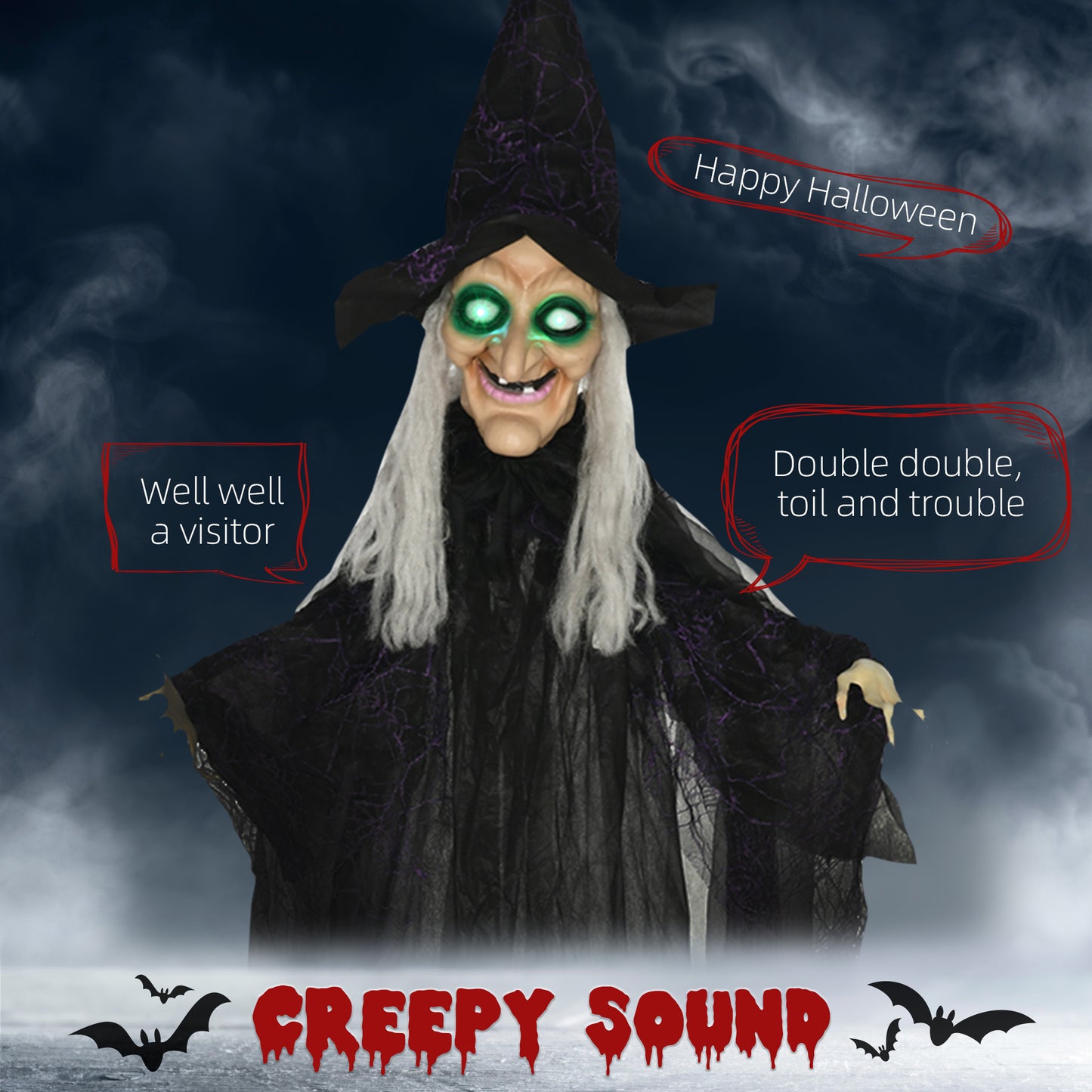 Standing Witch Prop Life Size with Light Up Eyes, Talking Sound