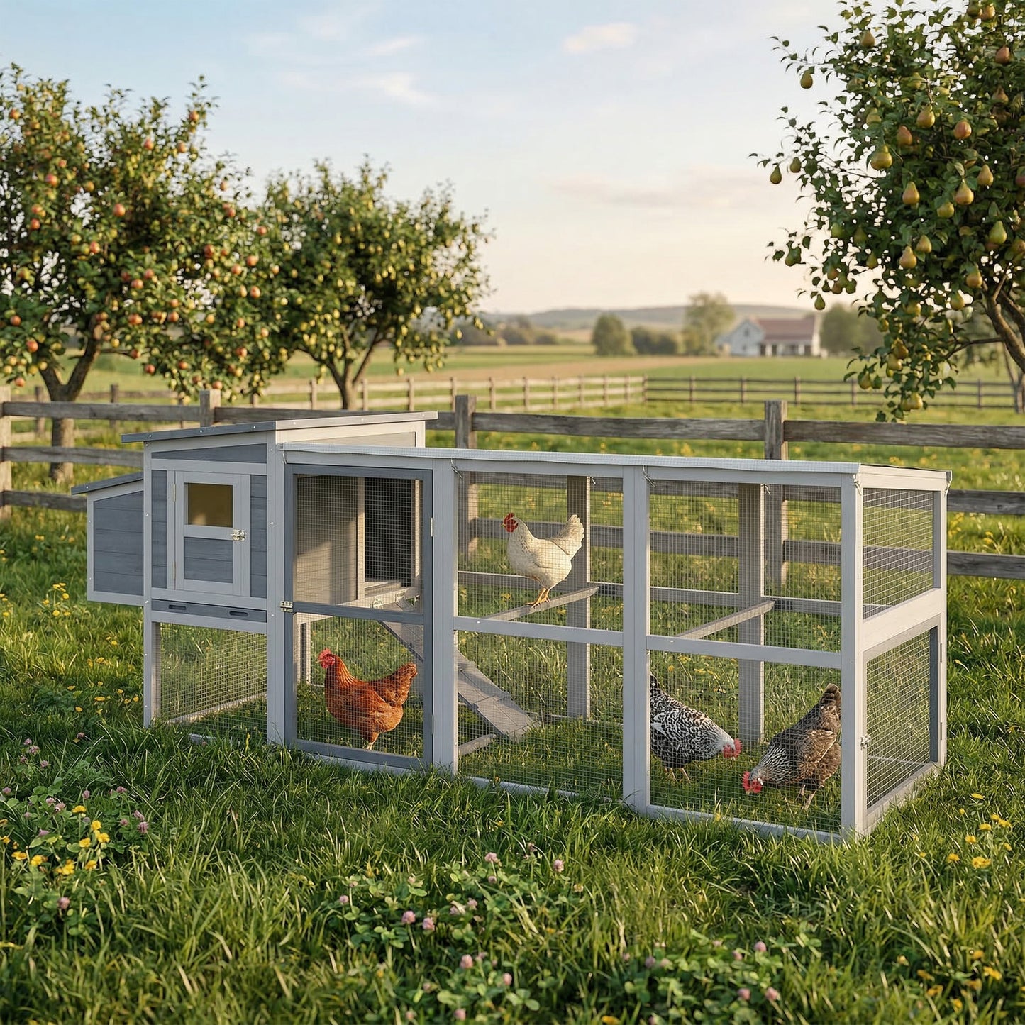 Large Chicken Coop, Wooden Hen House with Covered Run