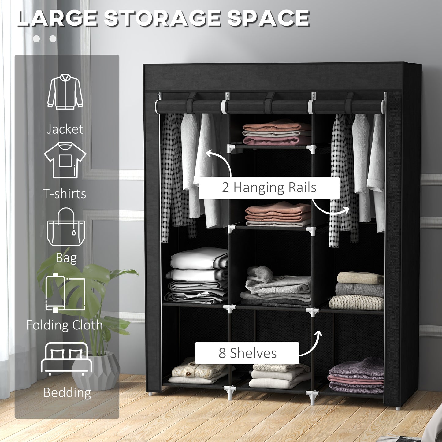 Fabric Portable Wardrobe with 8 Shelves 2 Hanging Rails, Black