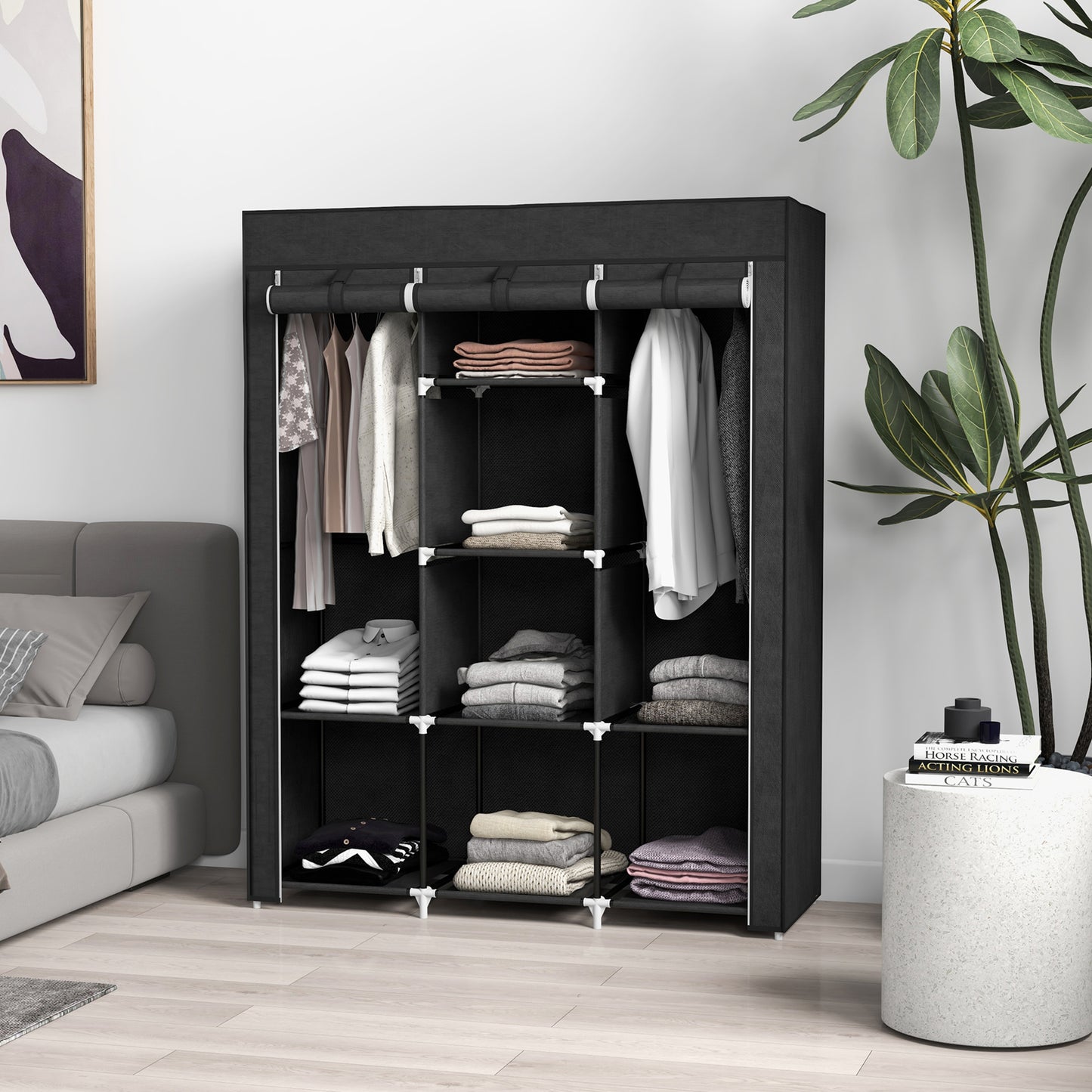 Fabric Portable Wardrobe with 8 Shelves 2 Hanging Rails, Black
