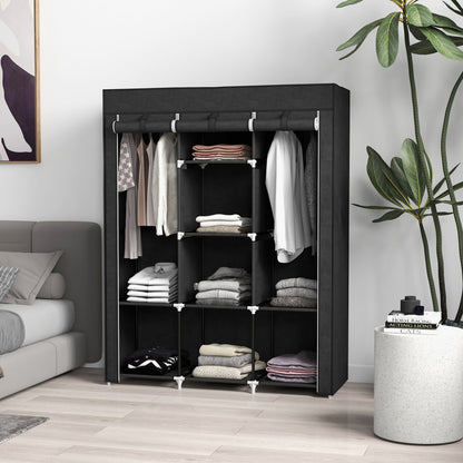 Fabric Portable Wardrobe with 8 Shelves 2 Hanging Rails, Black