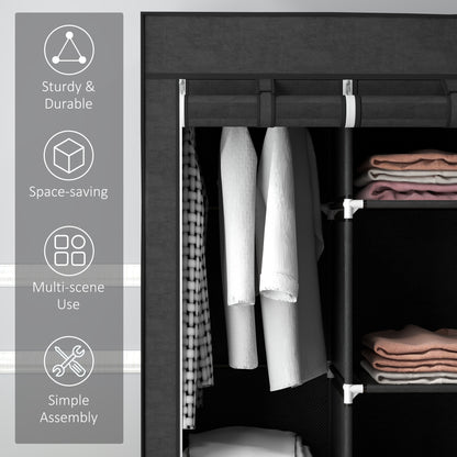 Fabric Portable Wardrobe with 8 Shelves 2 Hanging Rails, Black