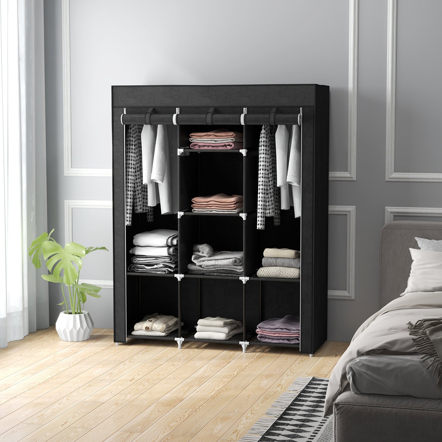 Fabric Portable Wardrobe with 8 Shelves 2 Hanging Rails, Black