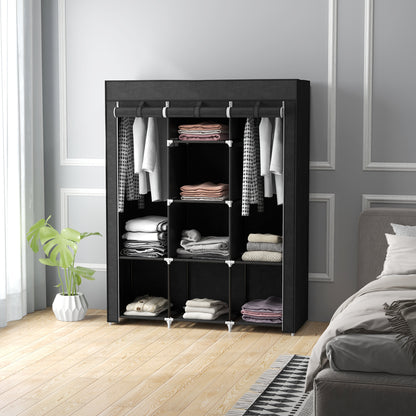 Fabric Portable Wardrobe with 8 Shelves 2 Hanging Rails, Black