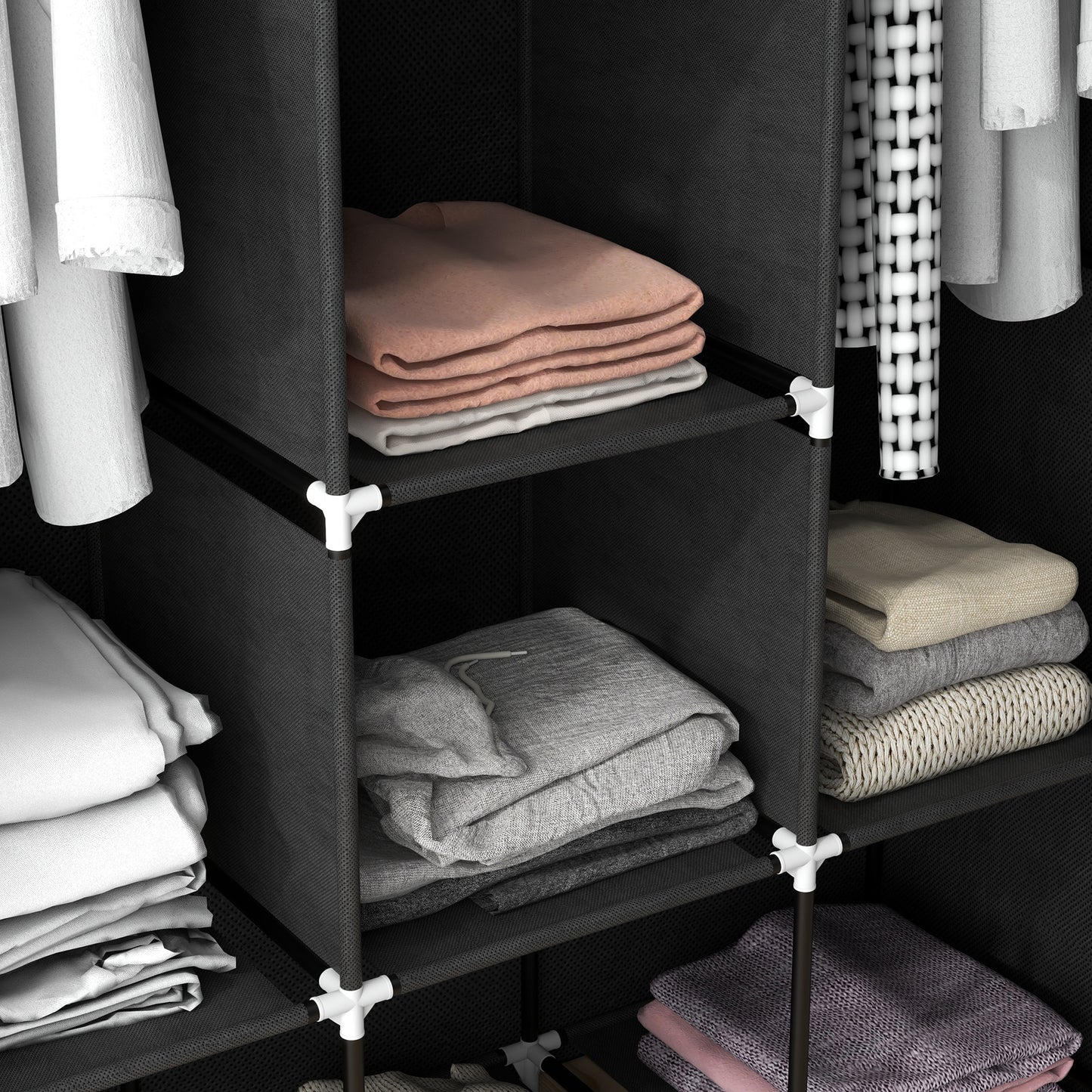 Fabric Portable Wardrobe with 8 Shelves 2 Hanging Rails, Black