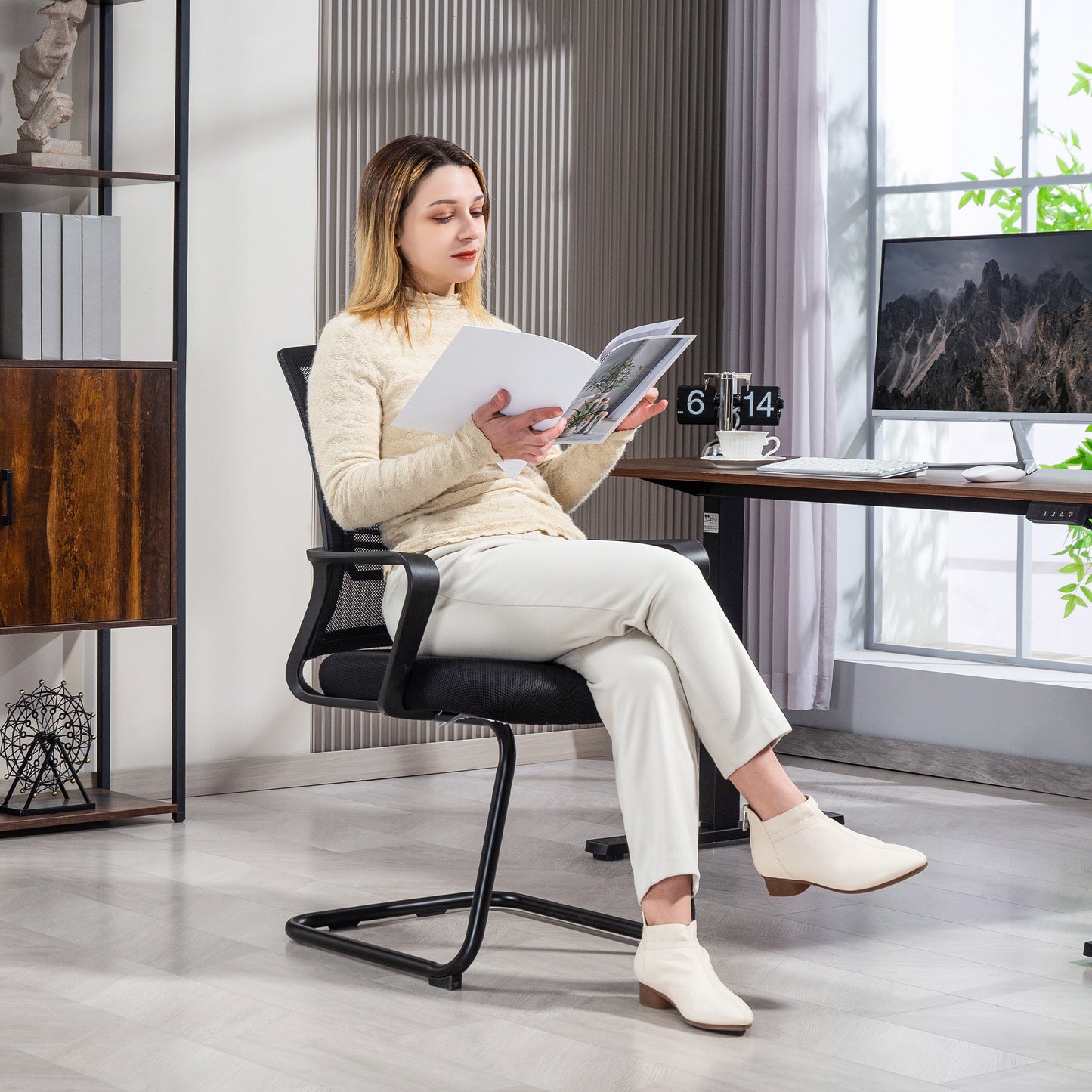 Meeting Office Chair, Mesh Reception Chair with Sled Base, Black
