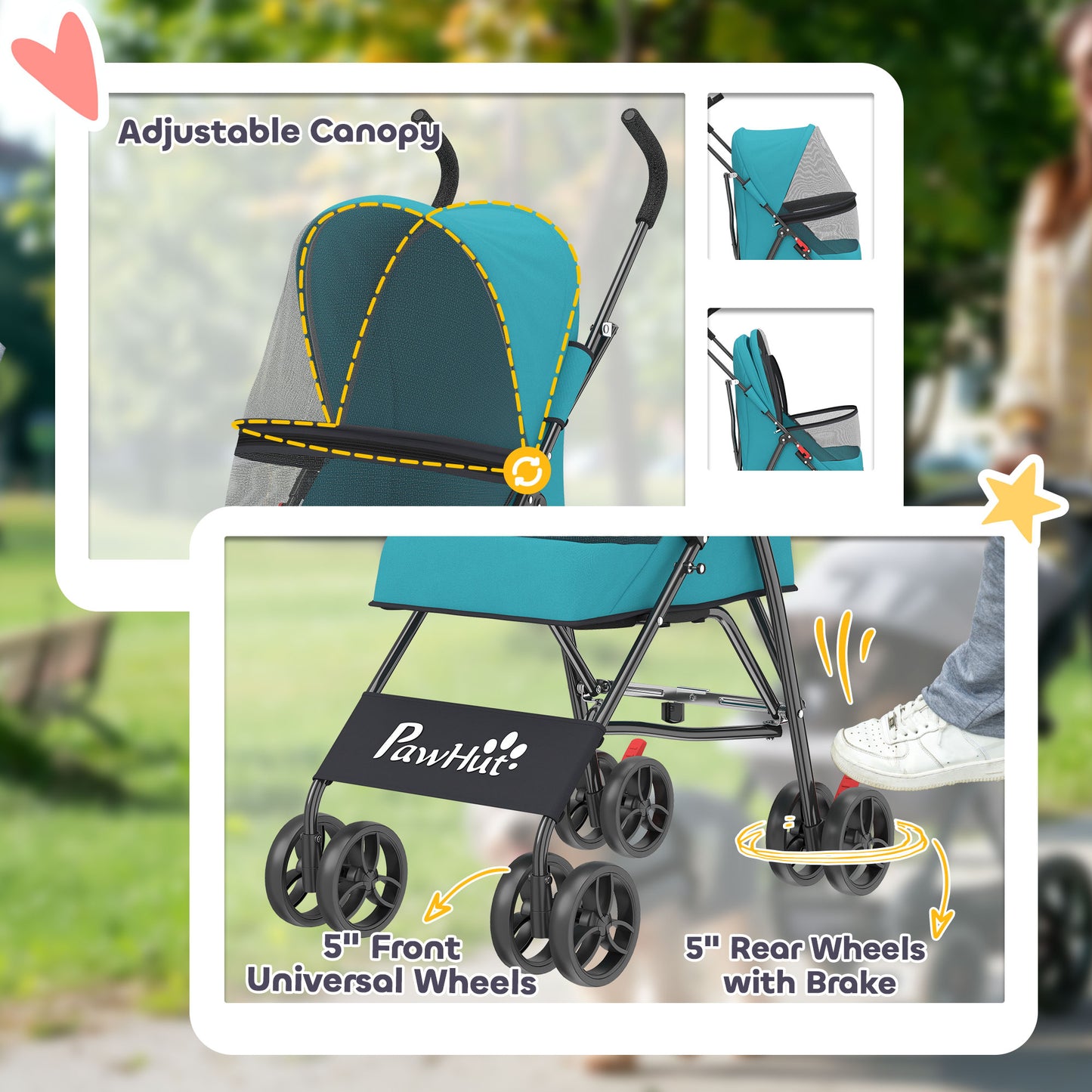 Foldable Dog Stroller with Mesh Windows for Mini Dogs, Dark Green
