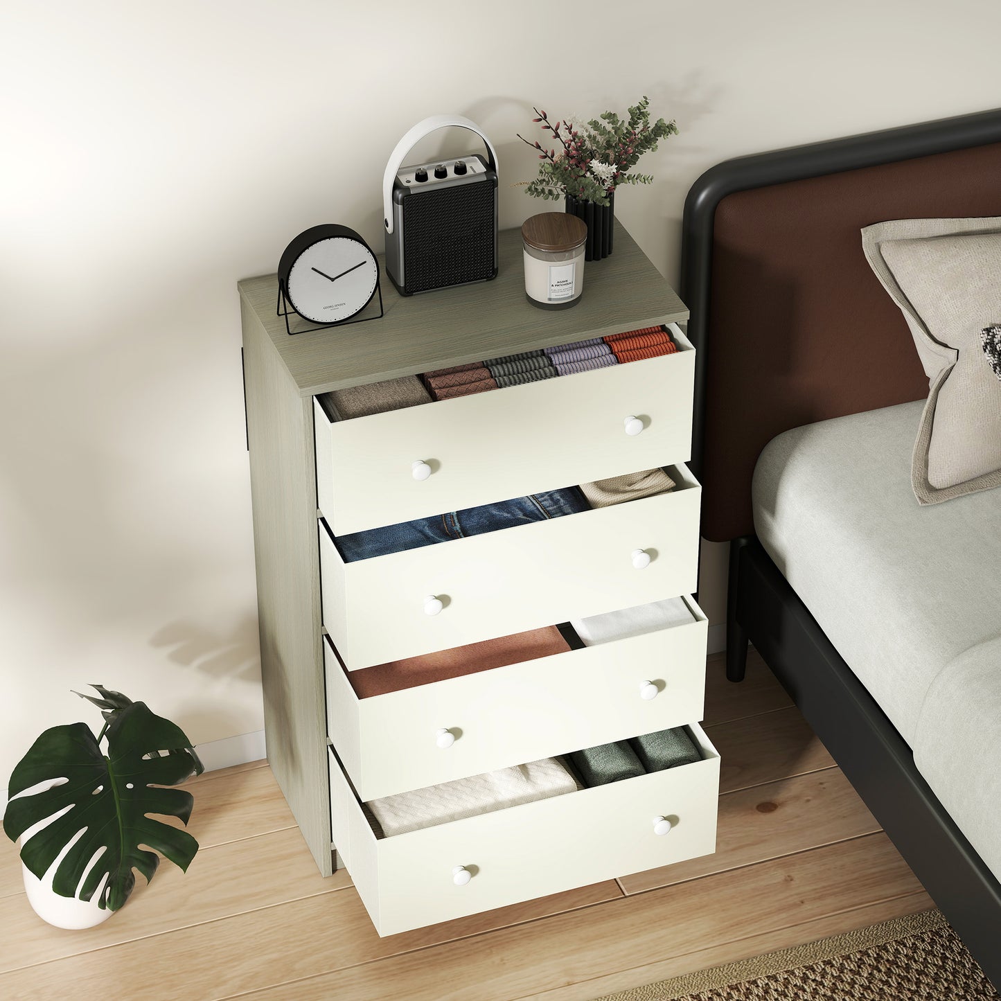 Chest of Drawers, 4 Drawer Dresser for Bedroom, White and Grey