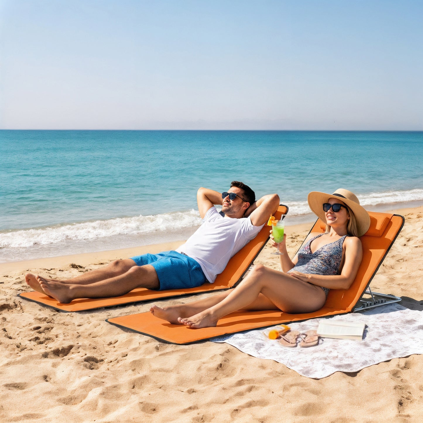 2 Pieces Outdoor Beach Mat Steel Reclining Chair Set Orange