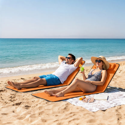 2 Pieces Outdoor Beach Mat Steel Reclining Chair Set Orange