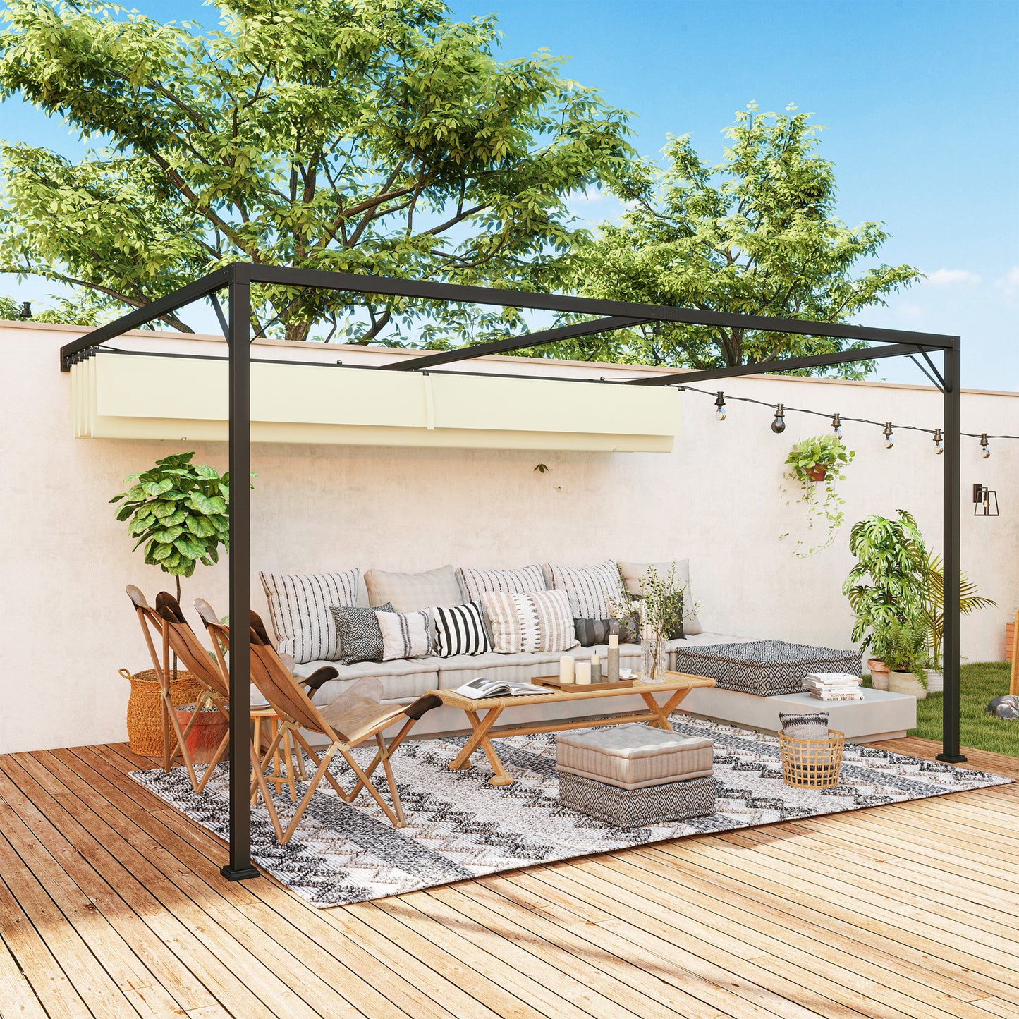 4 x 3(m) Outdoor Pergola Retractable Canopy Wall Mounted, Cream