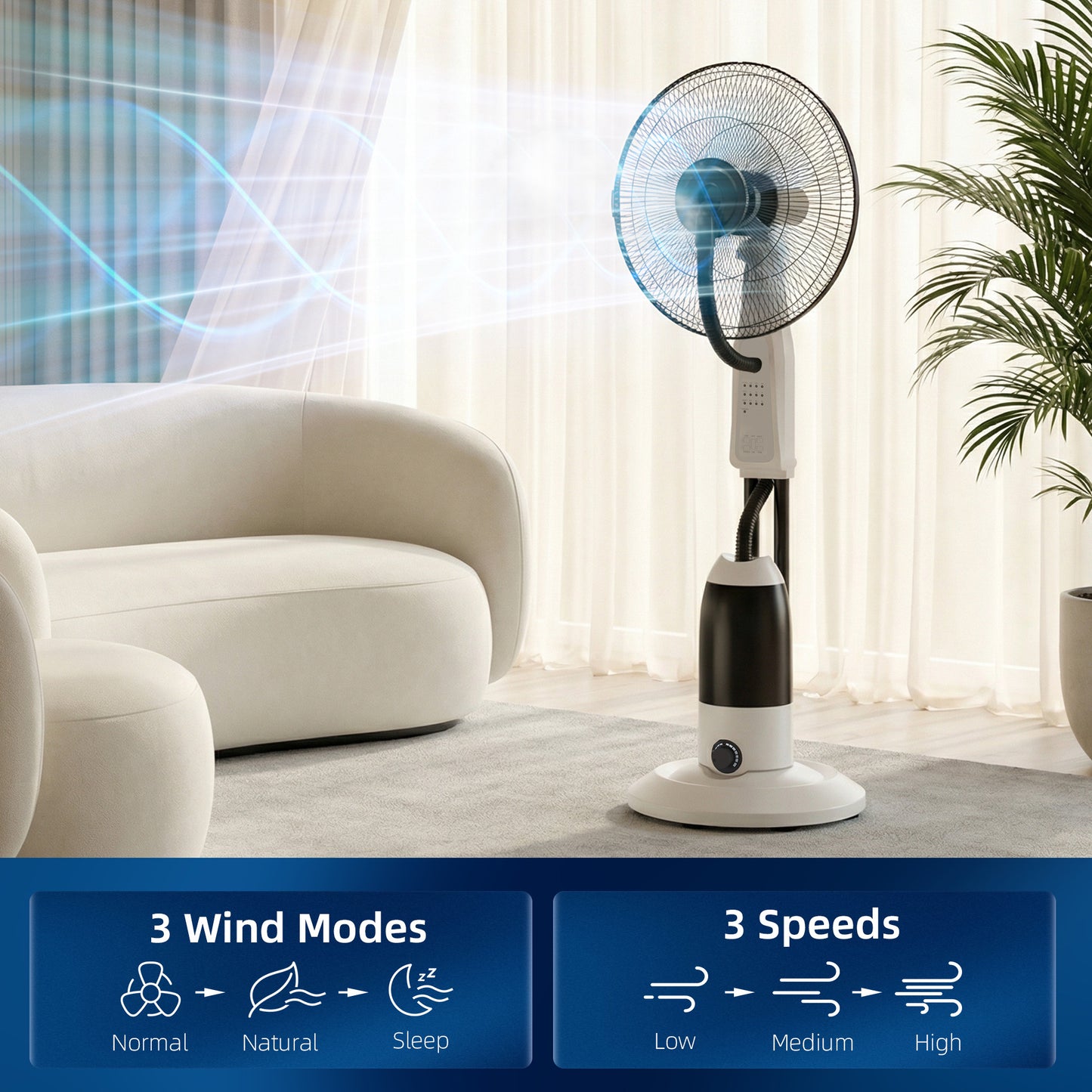18" Pedestal Fan with Water Mist Spray Standing Fan, 2.8L Tank, White