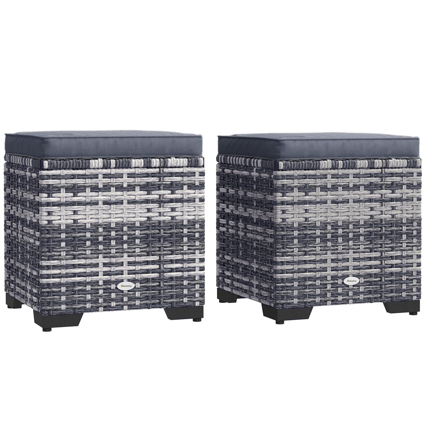Set of 2 Rattan Footstool, Storage Ottoman w/ Cushions, Dark Grey