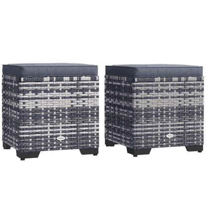 Set of 2 Rattan Footstool, Storage Ottoman w/ Cushions, Dark Grey