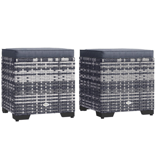 Set of 2 Rattan Footstool, Storage Ottoman w/ Cushions, Dark Grey
