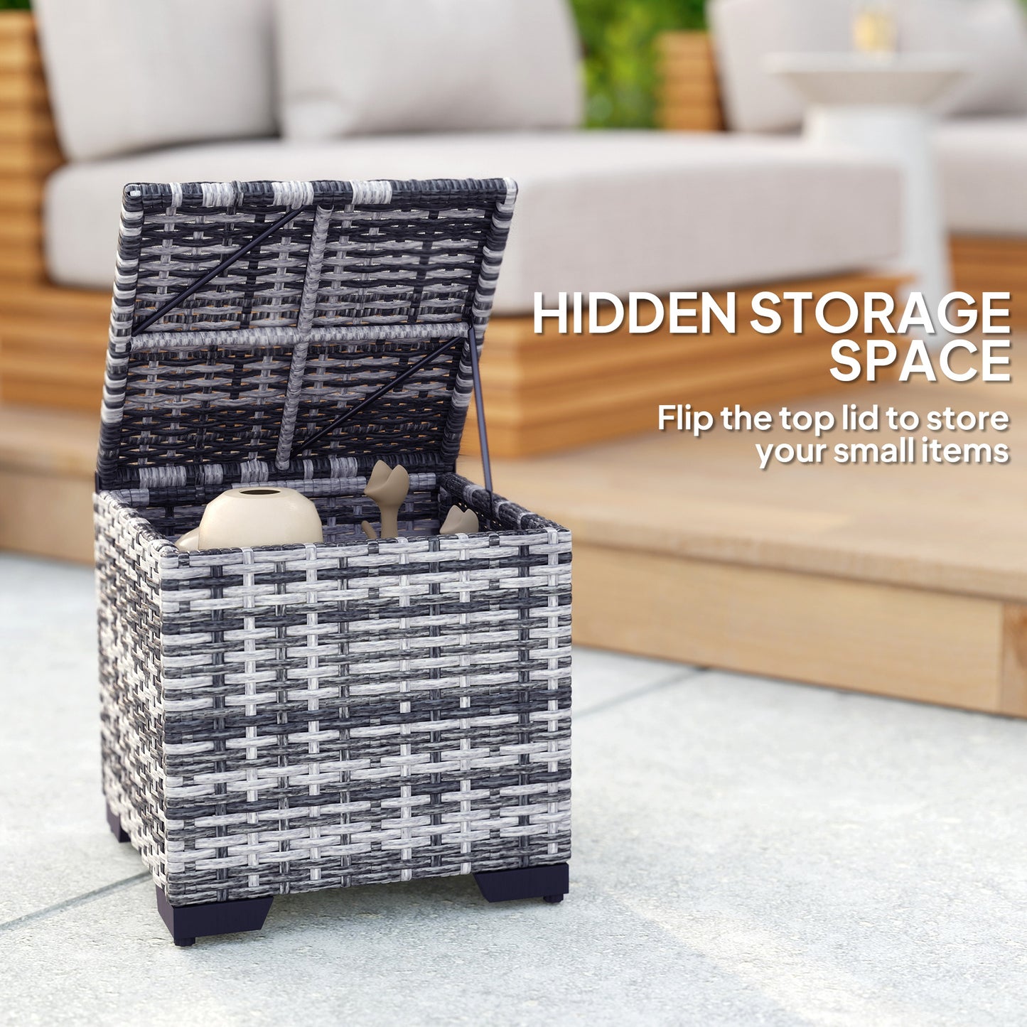 Set of 2 Rattan Footstool, Storage Ottoman w/ Cushions, Dark Grey
