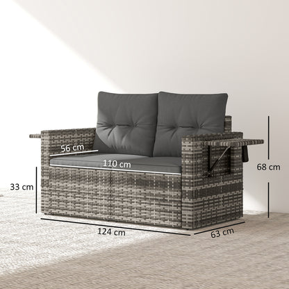 Rattan Garden Sofa with Hidden Side Trays 2 Seater, Dark Grey