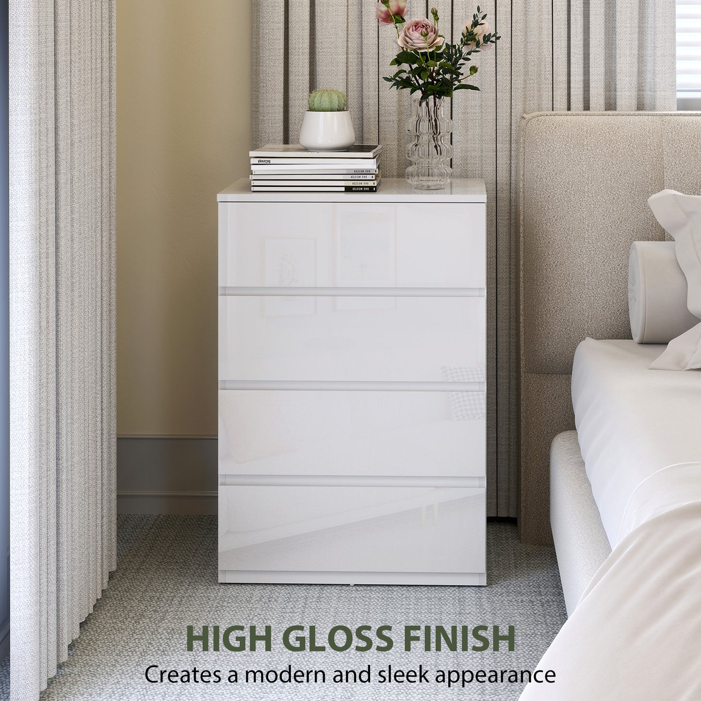 Bedroom Chest of Drawers, High Gloss 4 Drawers Dresser, White