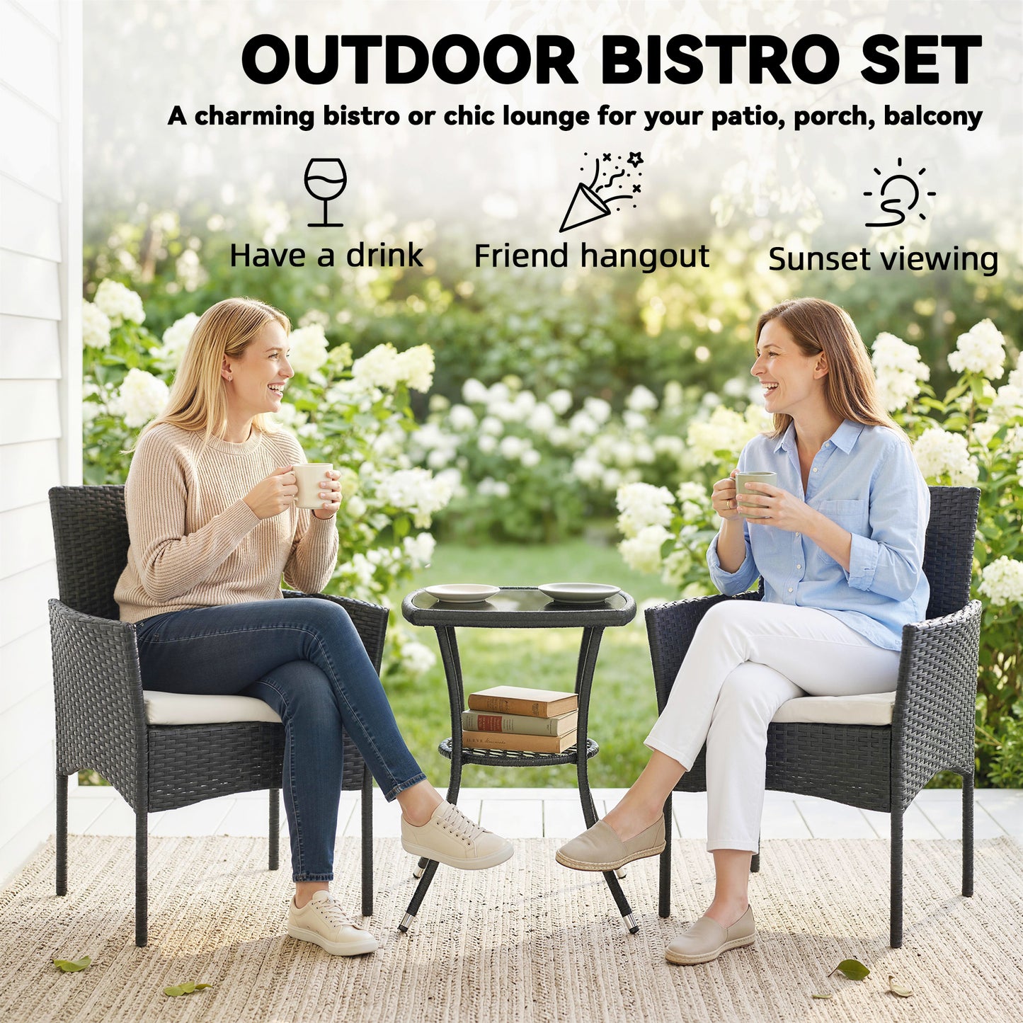 3 Piece Rattan Bistro Set with 2 Tier Glass-Top Table, Chairs