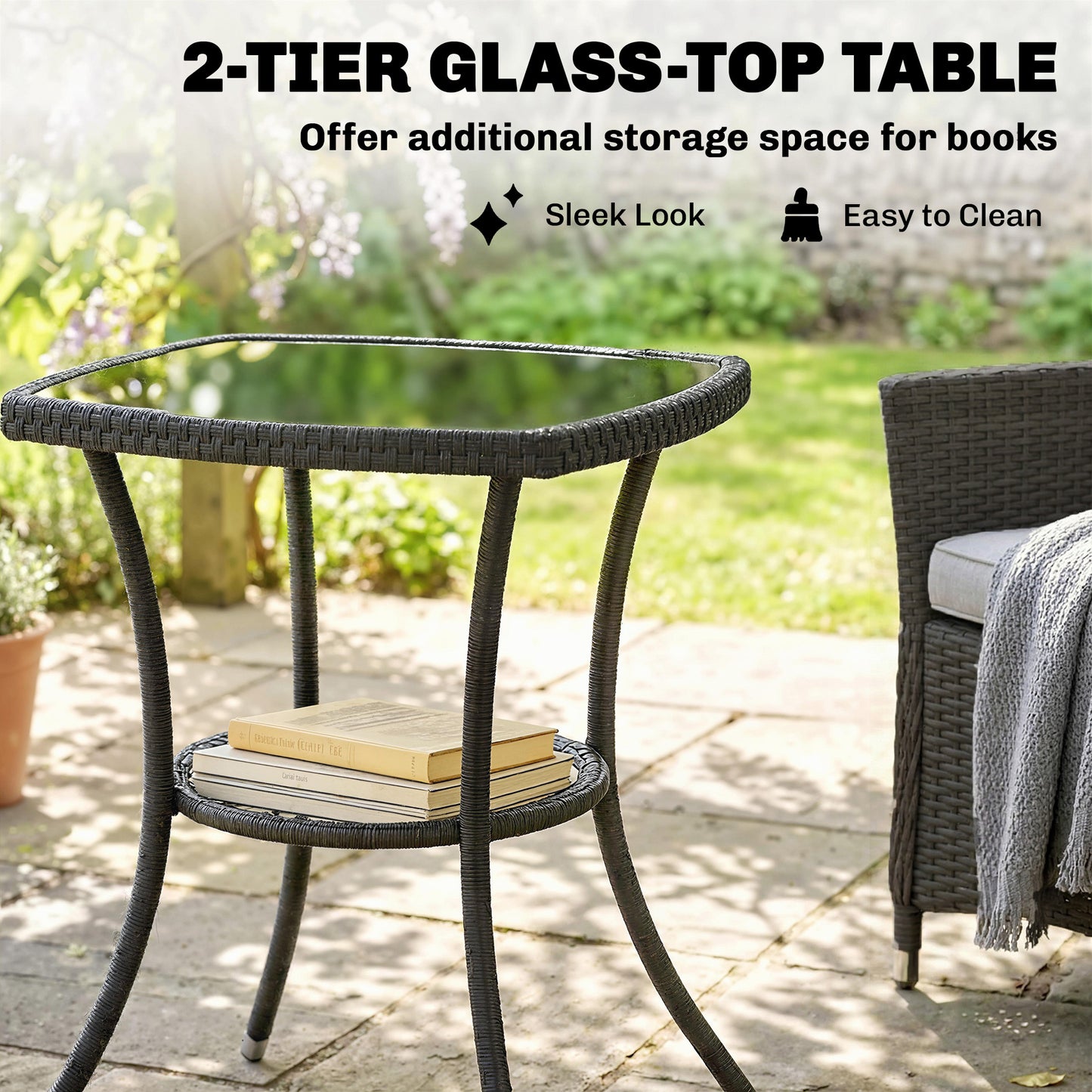 3 Piece Rattan Bistro Set with 2 Tier Glass-Top Table, Chairs